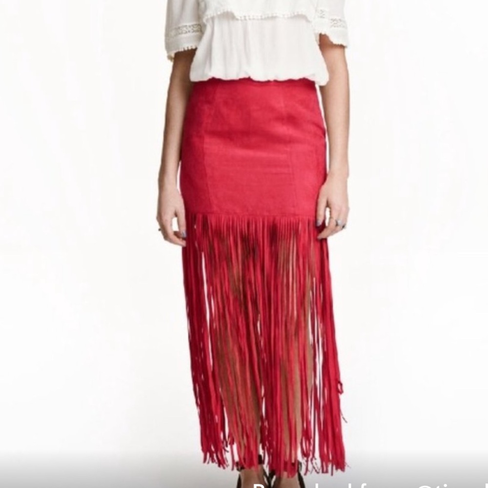 Brand: H&M ❤️ COACHELLA Official Collection -Red Fringe Midi Skirt - Picture 5 of 16
